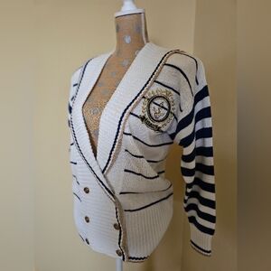 Vintage Shawl Collar Cardigan Sweater Sailing Nautical White Blue Stripes 80s